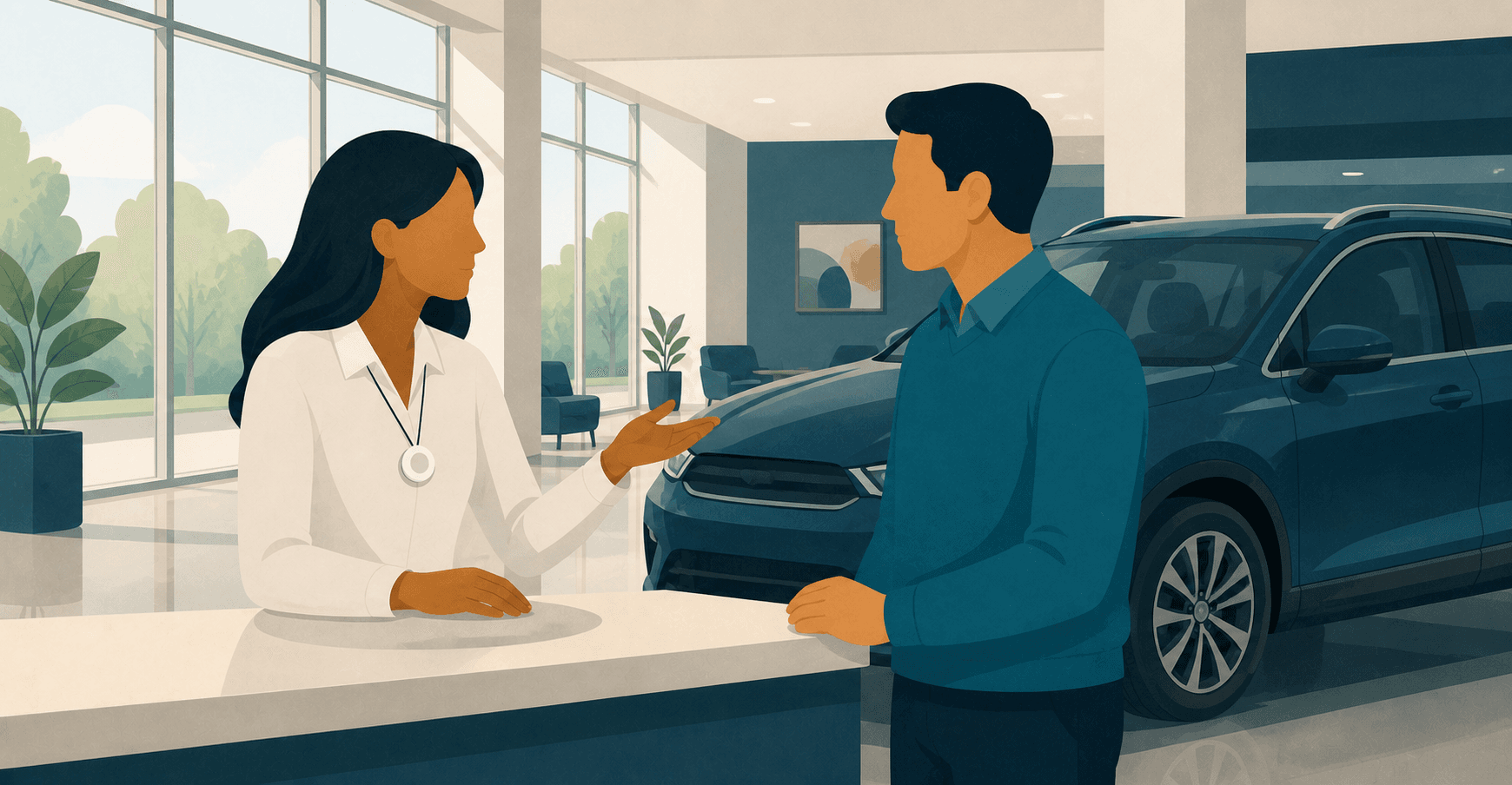 Illustration of a salesperson wearing an AI pendant while speaking with a customer on a new-car dealership sales floor